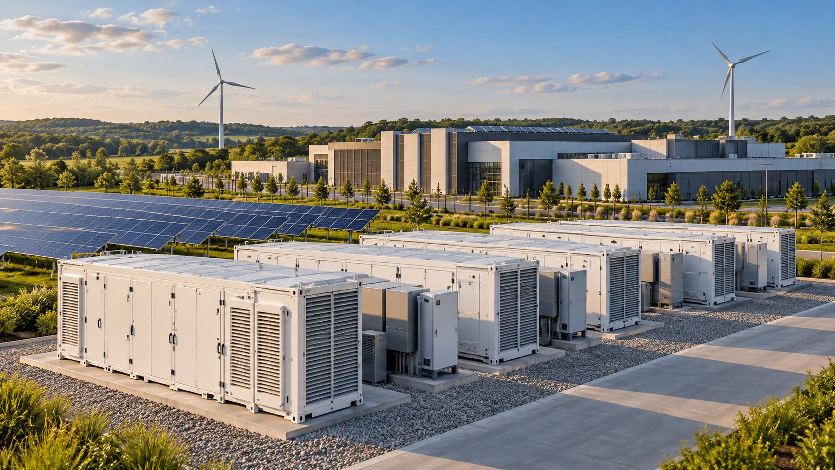 Concept illustration of battery storage beside a data center, with solar panels and wind turbines.