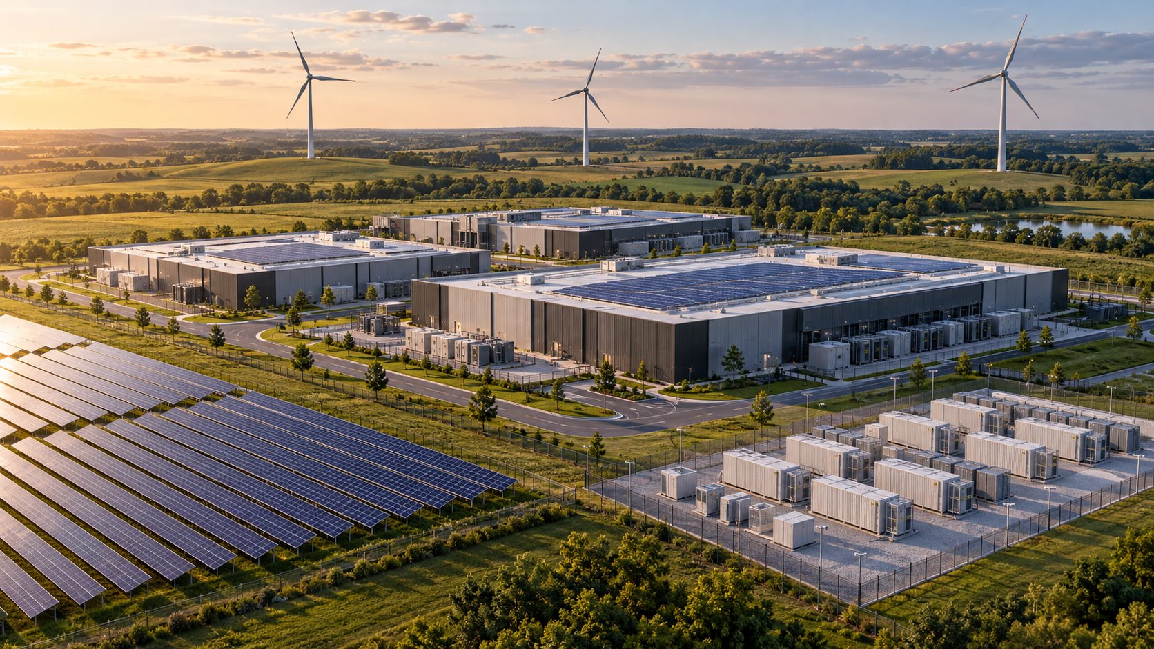 Concept illustration of a data center campus with rooftop and ground-mounted solar panels, wind turbines, and battery storage.